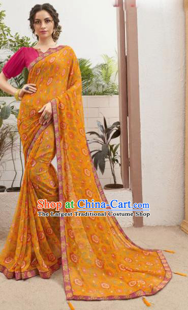 Asian Indian Bollywood Printing Yellow Saree Dress India Traditional Costumes for Women