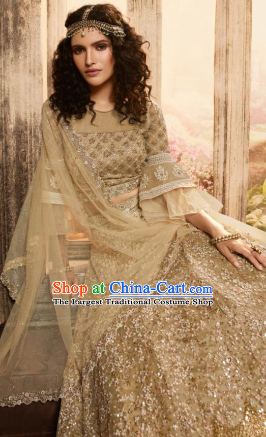 Asian Indian Bollywood Lehenga Light Golden Embroidered Dress India Traditional Costumes for Women