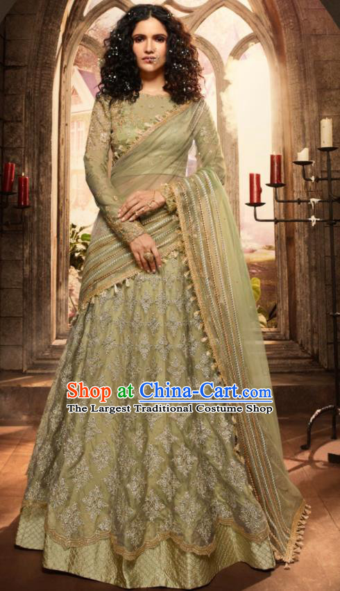 Asian Indian Bollywood Lehenga Light Green Embroidered Dress India Traditional Costumes for Women