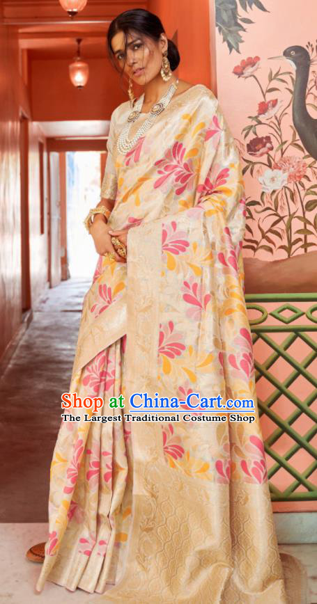 Asian Indian Bollywood Printing Golden Silk Dress India Traditional Sari Costumes for Women