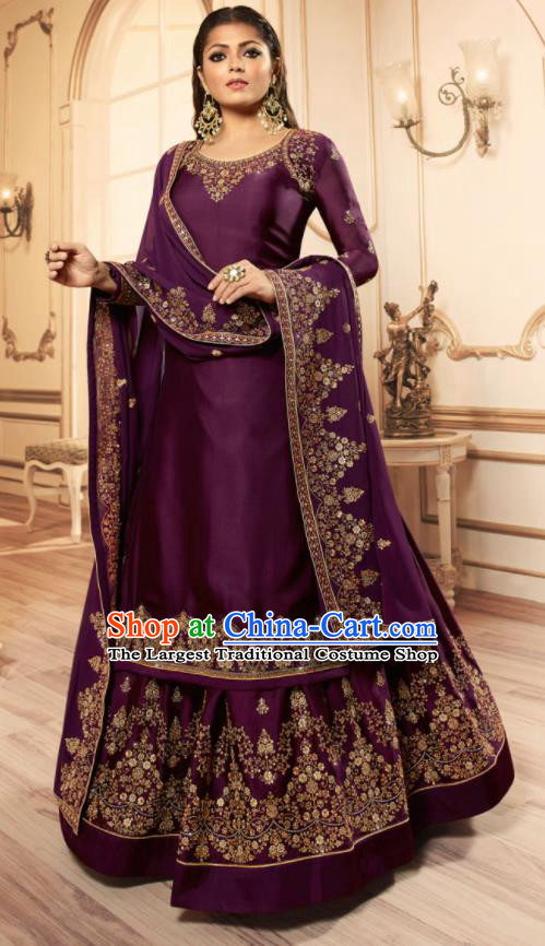 Asian India Traditional Lehenga Choli Costumes Indian Bollywood Embroidered Purple Skirt and Blouse for Women