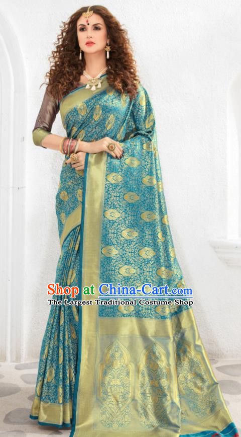 Asian Indian Court Lake Blue Silk Sari Dress India Traditional Bollywood Costumes for Women