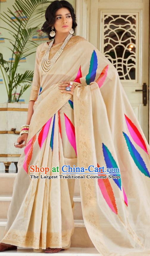 Asian Indian Court Beige Silk Sari Dress India Traditional Bollywood Princess Costumes for Women