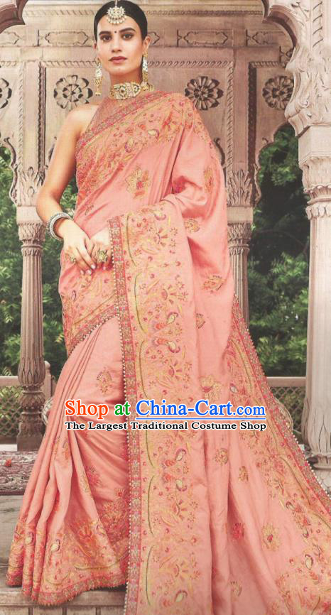 Asian Indian Court Pink Art Silk Embroidered Sari Dress India Traditional Bollywood Princess Costumes for Women