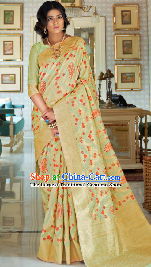 Asian Indian Court Light Green Silk Sari Dress India Traditional Bollywood Princess Costumes for Women