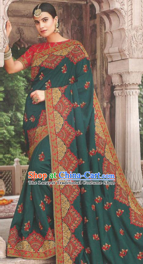 Asian Indian Court Atrovirens Art Silk Embroidered Sari Dress India Traditional Bollywood Princess Costumes for Women