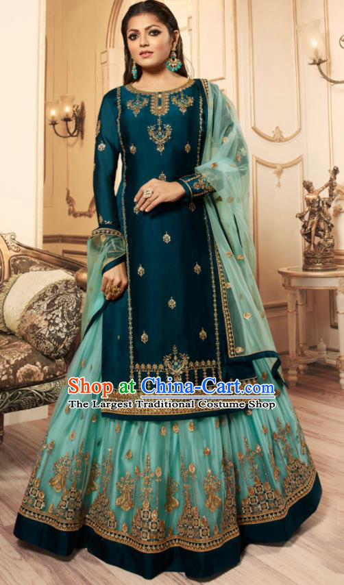 Asian India Traditional Lehenga Choli Costumes Indian Bollywood Embroidered Peacock Blue Skirt and Blouse for Women