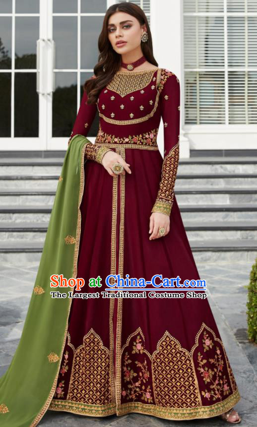 Asian Indian Bollywood Embroidered Wine Red Georgette Dress India Traditional Anarkali Suit Costumes for Women