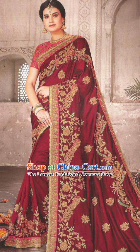 Asian Indian Court Wine Red Art Silk Embroidered Sari Dress India Traditional Bollywood Princess Costumes for Women