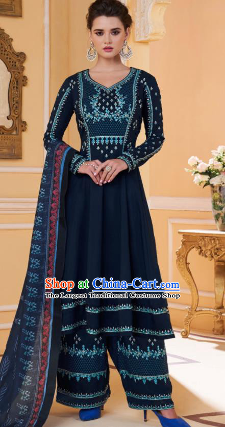 Asian Indian Embroidered Navy Muslin Blouse and Pants India Traditional Lehenga Choli Costumes Complete Set for Women