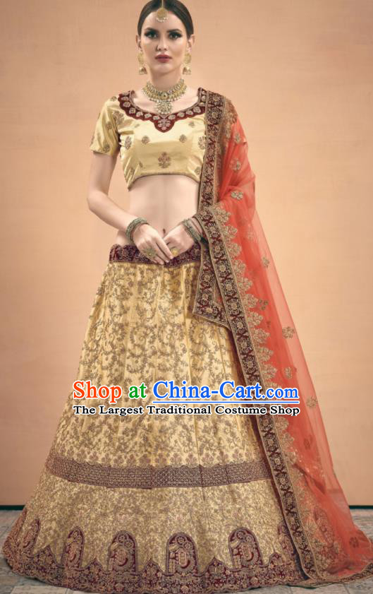 Asian Indian Bollywood Wedding Light Golden Silk Dress India Traditional Bride Lehenga Costumes for Women