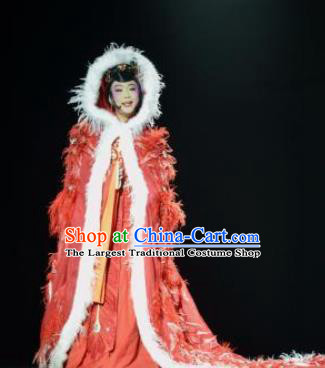 Chinese Zhaojun Chu Sai Ancient Queen Dance Red Feather Dress Stage Performance Costume and Headpiece for Women