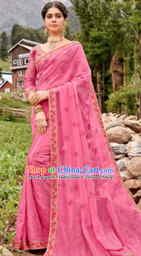 Asian Indian Embroidered Pink Georgette Sari Dress India Traditional Bollywood Court Costumes for Women