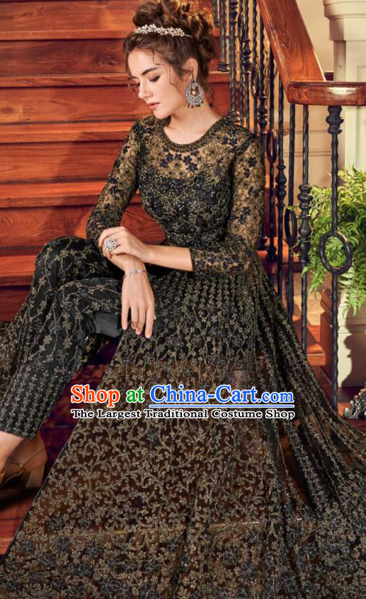 Asian Indian Embroidered Black Blouse and Pants India Traditional Lehenga Choli Costumes Complete Set for Women