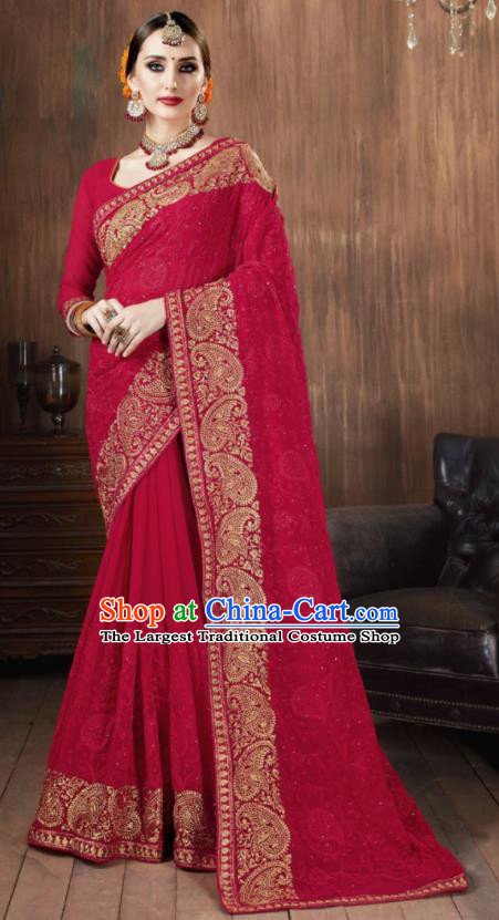 Asian Indian National Bollywood Wine Red Georgette Embroidered Sari Dress India Traditional Costumes for Women