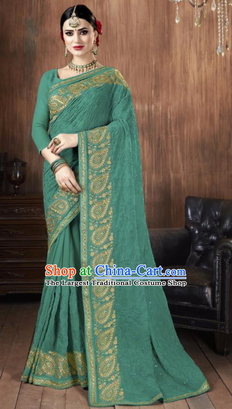 Asian Indian National Bollywood Green Georgette Embroidered Sari Dress India Traditional Costumes for Women