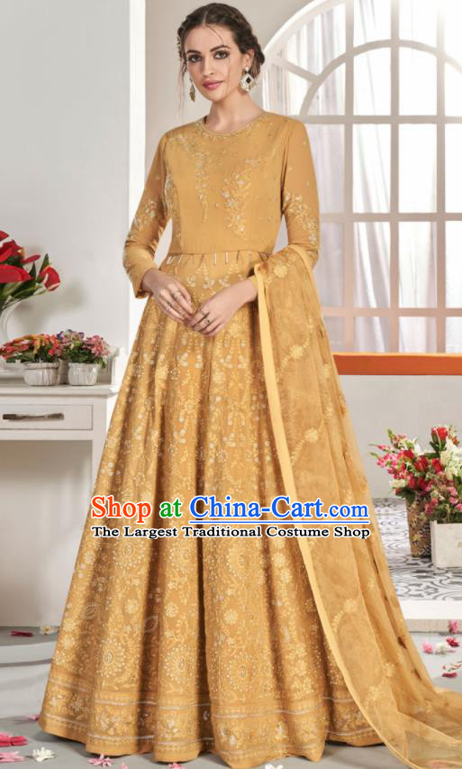 Asian Indian National Lehenga Bollywood Ginger Georgette Embroidered Dress India Traditional Costumes for Women