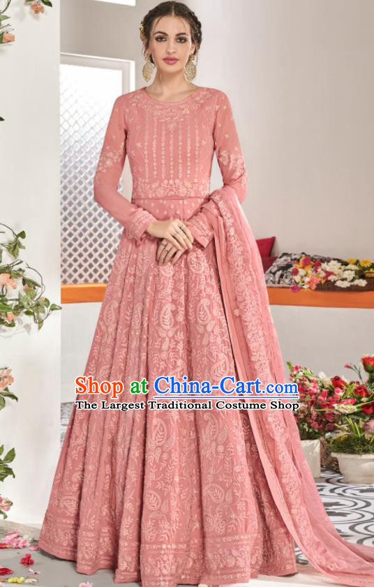 Asian Indian National Lehenga Bollywood Pink Georgette Embroidered Dress India Traditional Costumes for Women
