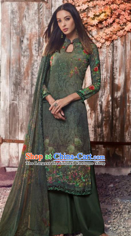 Asian Indian Traditional Printing Atrovirens Crepe Blouse and Pants India Punjabis Lehenga Choli Costumes Complete Set for Women