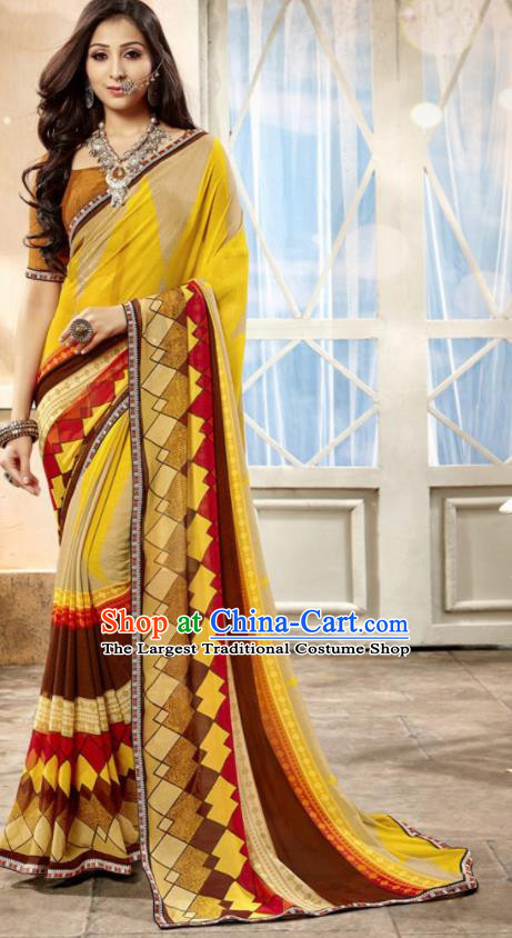 Asian Indian National Lehenga Printing Yellow Georgette Sari Dress India Bollywood Traditional Costumes for Women