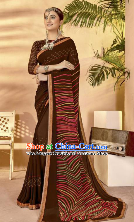 Deep Brown Georgette Asian Indian National Lehenga Printing Sari Dress India Bollywood Traditional Costumes for Women