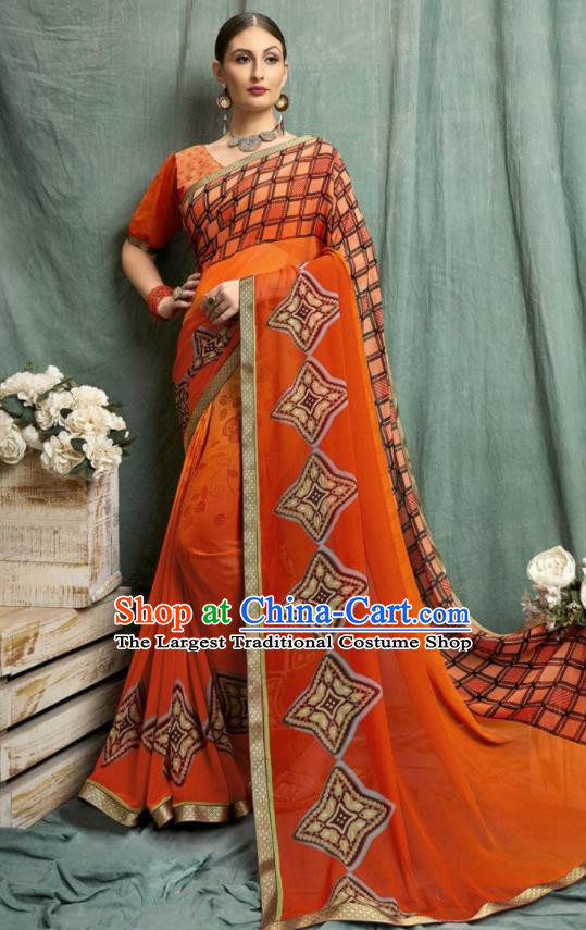 Asian Indian Bollywood Printing Orange Chiffon Sari Dress India Traditional Costumes for Women