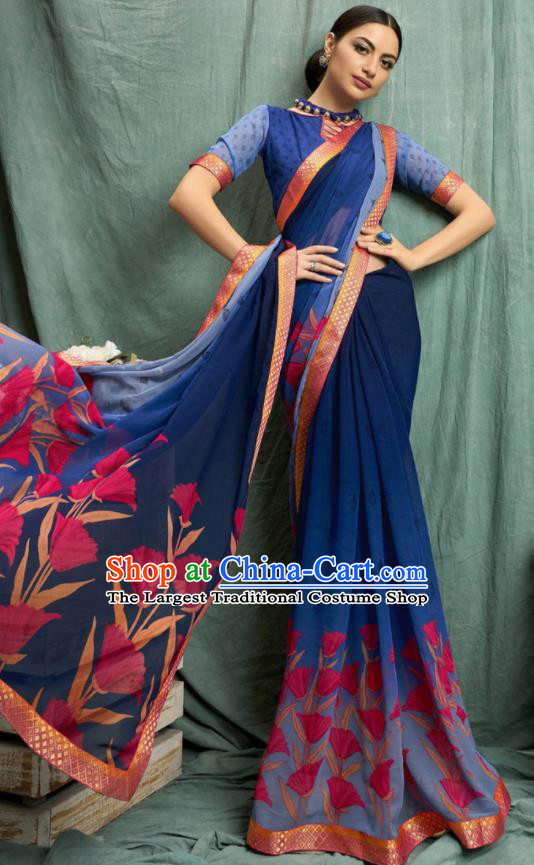 Asian Indian Bollywood Printing Royalblue Chiffon Sari Dress India Traditional Costumes for Women