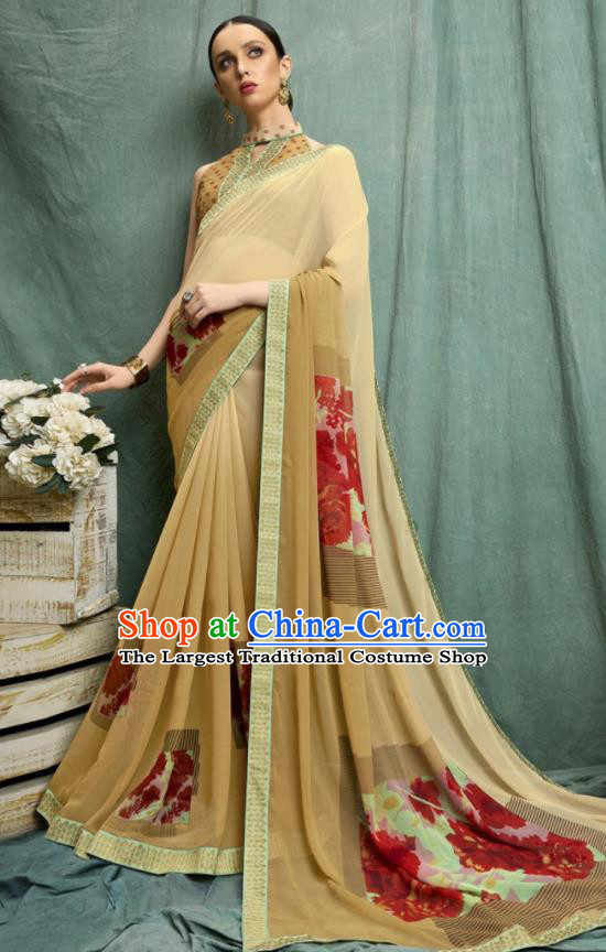 Asian Indian Bollywood Printing Ginger Chiffon Sari Dress India Traditional Costumes for Women