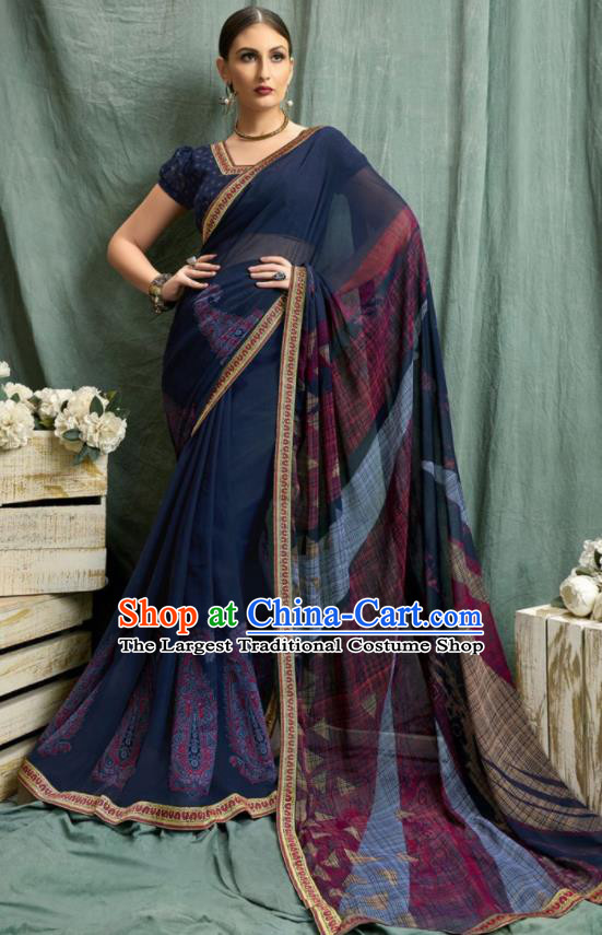 Asian Indian Bollywood Printing Navy Chiffon Sari Dress India Traditional Costumes for Women