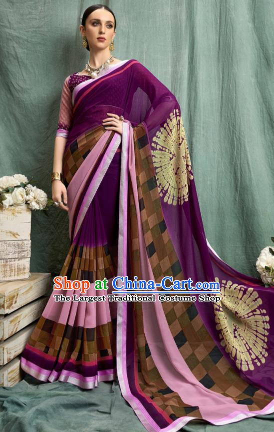 Asian Indian Bollywood Printing Purple Chiffon Sari Dress India Traditional Costumes for Women