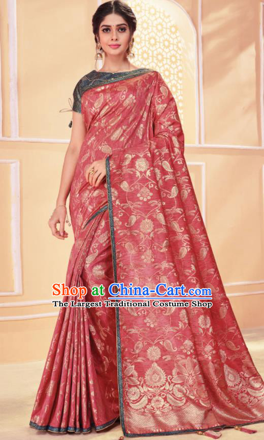 Asian Traditional Indian Light Red Art Silk Sari Dress India National Festival Bollywood Costumes for Women