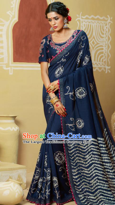 Traditional Indian Navy Georgette Sari Dress Asian India National Festival Bollywood Costumes for Women