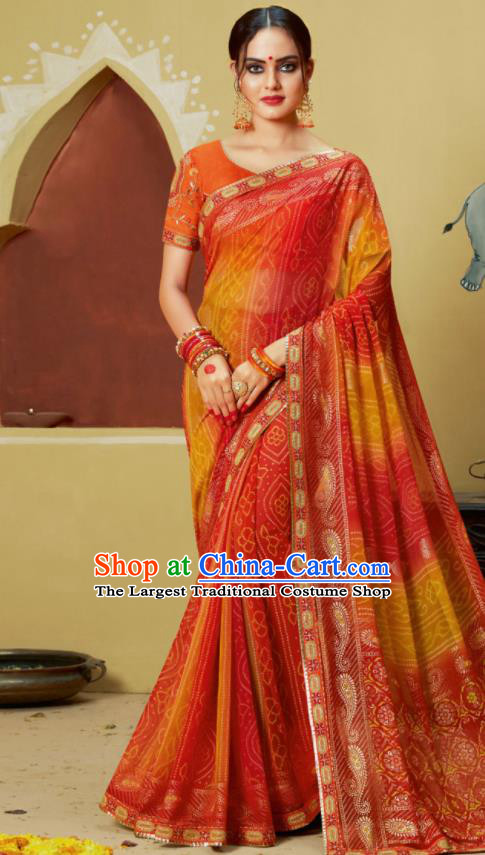 Traditional Indian Orange Georgette Sari Dress Asian India National Festival Bollywood Costumes for Women