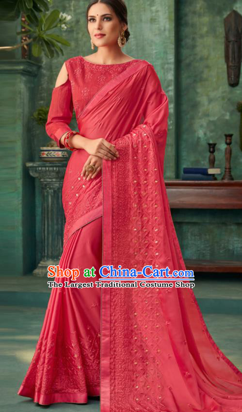 Indian Traditional Wedding Embroidered Rosy Sari Dress Asian India National Festival Costumes for Women