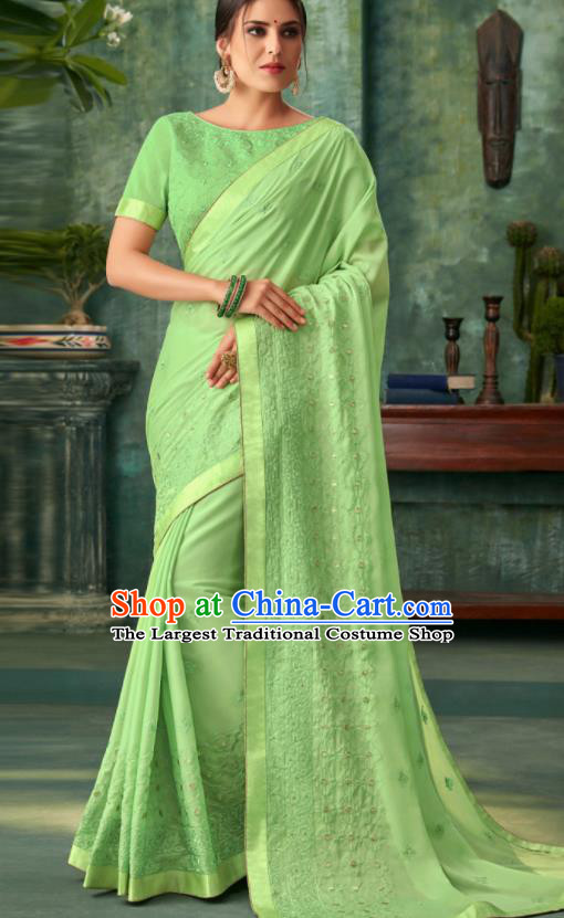 Indian Traditional Wedding Embroidered Light Green Sari Dress Asian India National Festival Costumes for Women