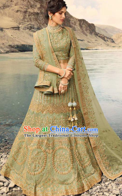 Indian Traditional Lehenga Embroidered Light Green Dress Asian India National Festival Costumes for Women