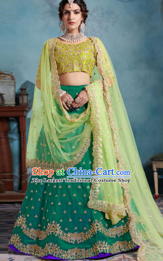 Indian Traditional Court Lehenga Bollywood Embroidered Green Dress Asian India National Festival Costumes for Women