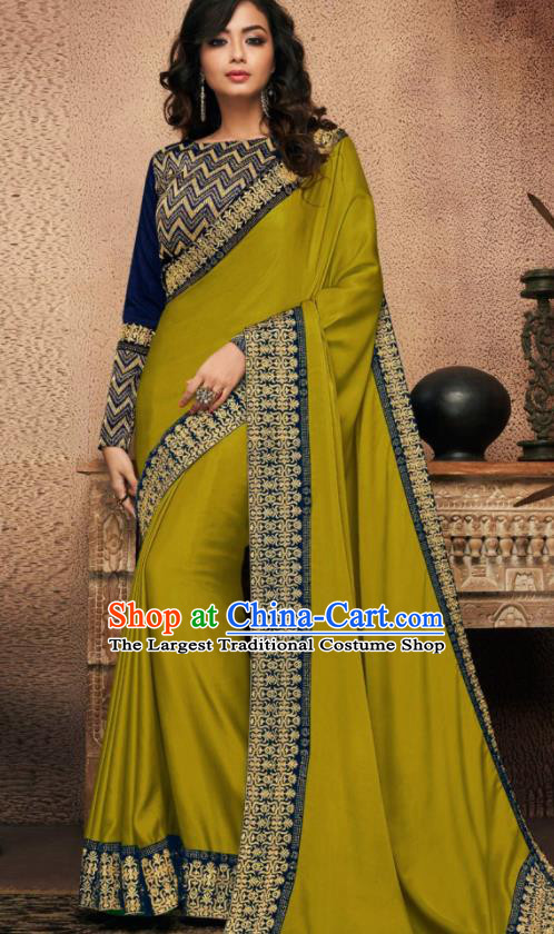 Indian Traditional Court Bollywood Olive Green Satin Sari Dress Asian India National Festival Costumes for Women