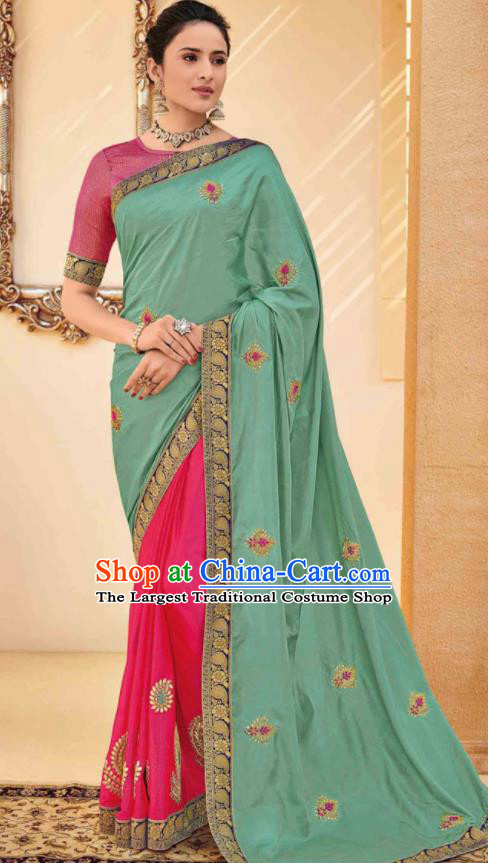 Traditional Indian Saree Green and Rosy Silk Sari Dress Asian India National Festival Bollywood Costumes for Women
