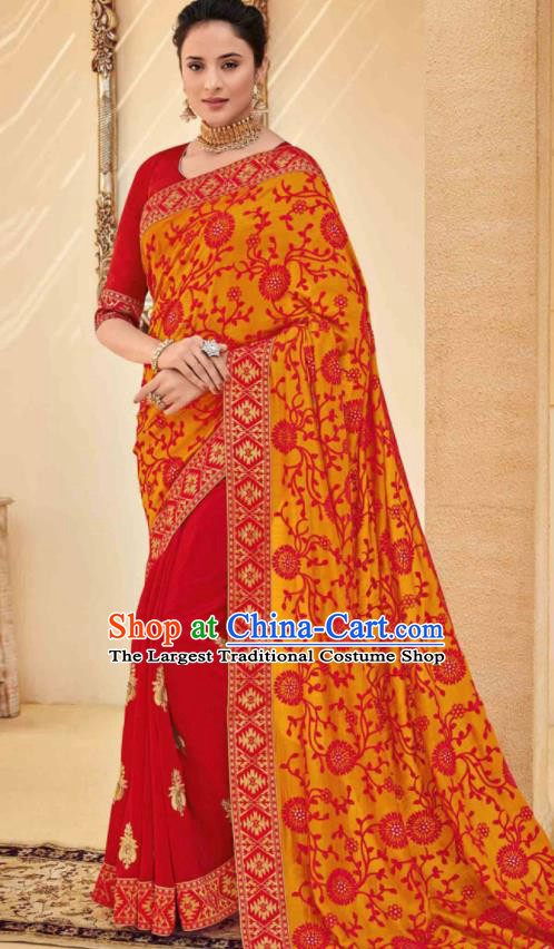 Traditional Indian Saree Red and Orange Silk Sari Dress Asian India National Festival Bollywood Costumes for Women