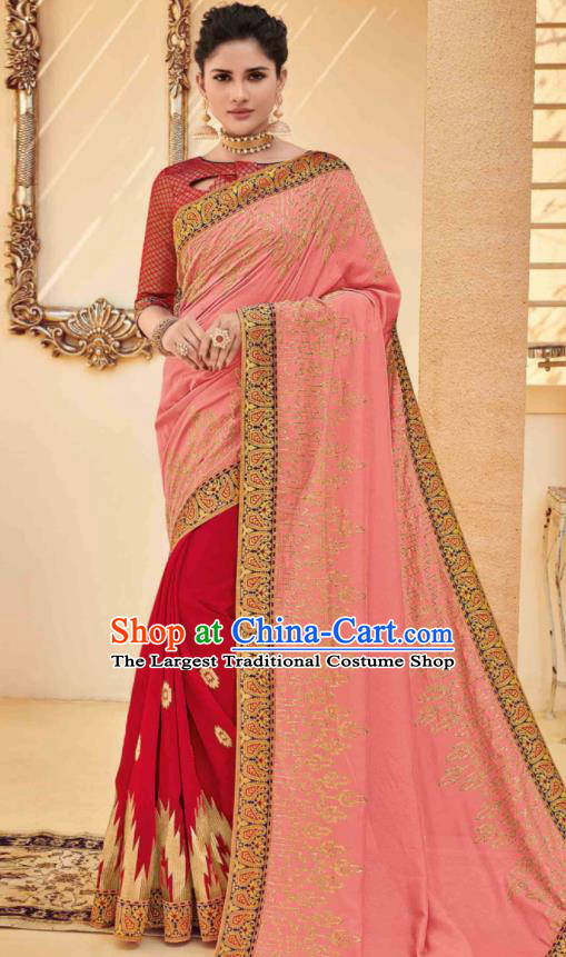 Traditional Indian Saree Pink and Red Silk Sari Dress Asian India National Festival Bollywood Costumes for Women