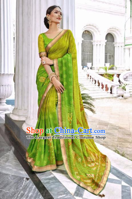 Indian Traditional Court Printing Green Georgette Sari Dress Asian India National Festival Costumes for Women