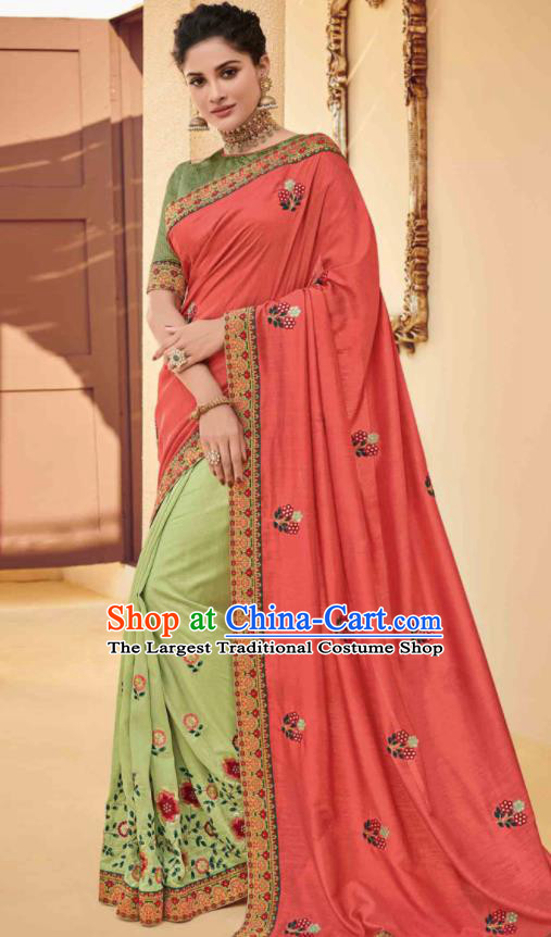 Traditional Indian Saree Pink and Green Silk Sari Dress Asian India National Festival Bollywood Costumes for Women