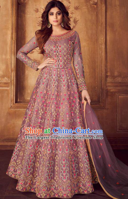 Indian Traditional Court Embroidered Purple Anarkali Dress Asian India National Festival Costumes for Women