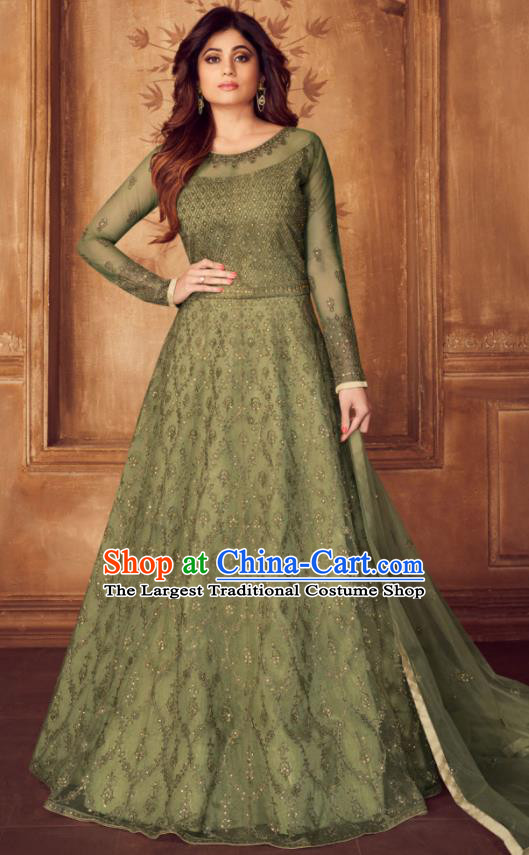 Indian Traditional Court Embroidered Olive Green Anarkali Dress Asian India National Festival Costumes for Women