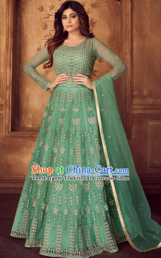 Indian Traditional Court Embroidered Green Anarkali Dress Asian India National Festival Costumes for Women
