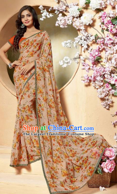 Indian Traditional Court Printing Light Khaki Chiffon Sari Dress Asian India National Festival Costumes for Women