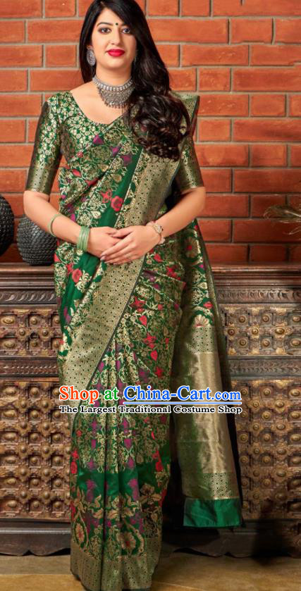 Traditional Indian Banarasi Saree Green Silk Sari Dress Asian India National Festival Bollywood Costumes for Women