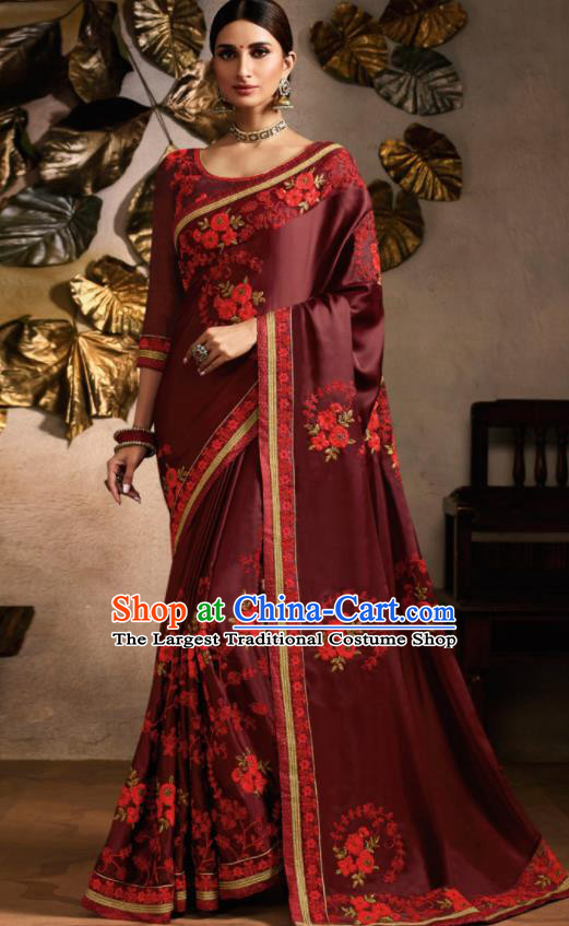 Traditional Indian Saree Bollywood Wine Red Satin Sari Dress Asian India National Festival Costumes for Women