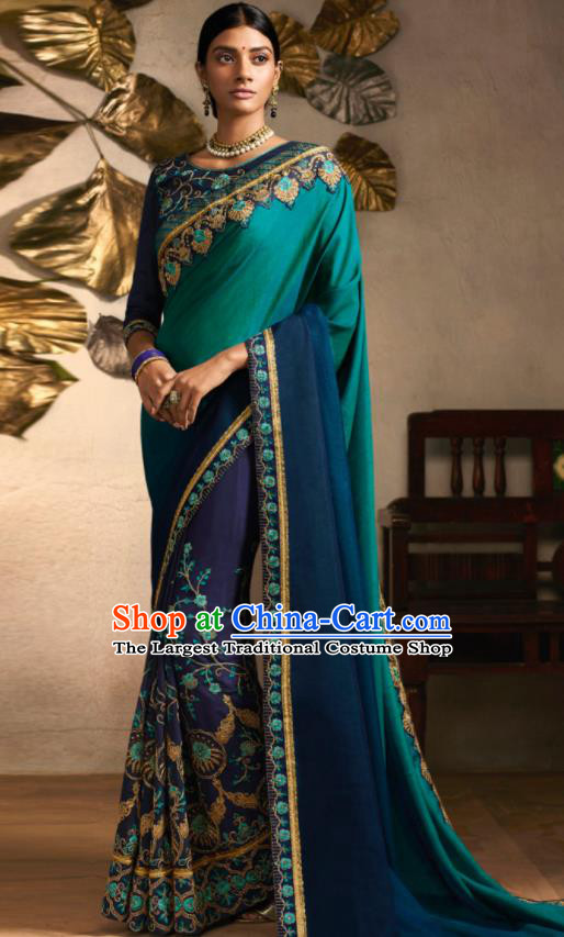 Traditional Indian Saree Bollywood Deep Blue Satin Sari Dress Asian India National Festival Costumes for Women